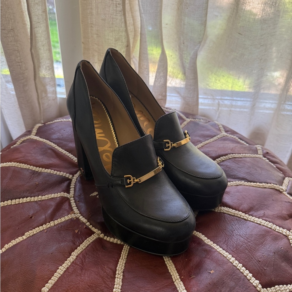 Sam Edelman Black Heeled Loafers with Gold Detail